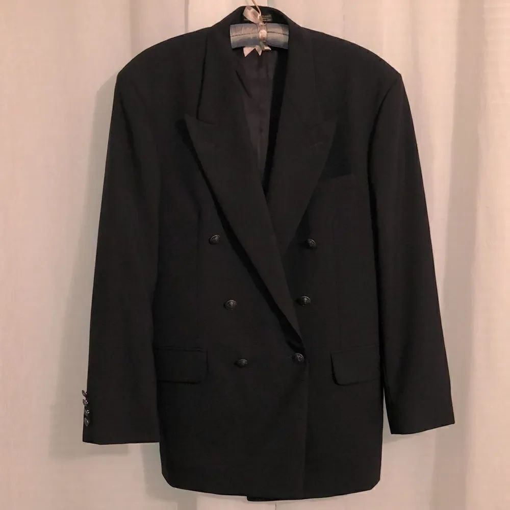 Lana Moda 40 R Wool Black Classic Double Breasted Jacket with a Notched Collar